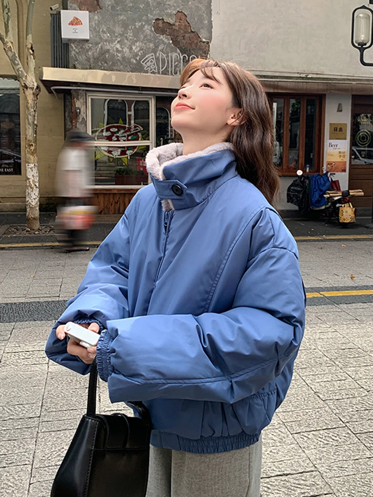 

Jmprs Warm Thick Sweet Puffy Parkas Women Preppy Style Long Sleeve Loose Korean Coats Winter Vintage Stand Collar Cotton Jackets