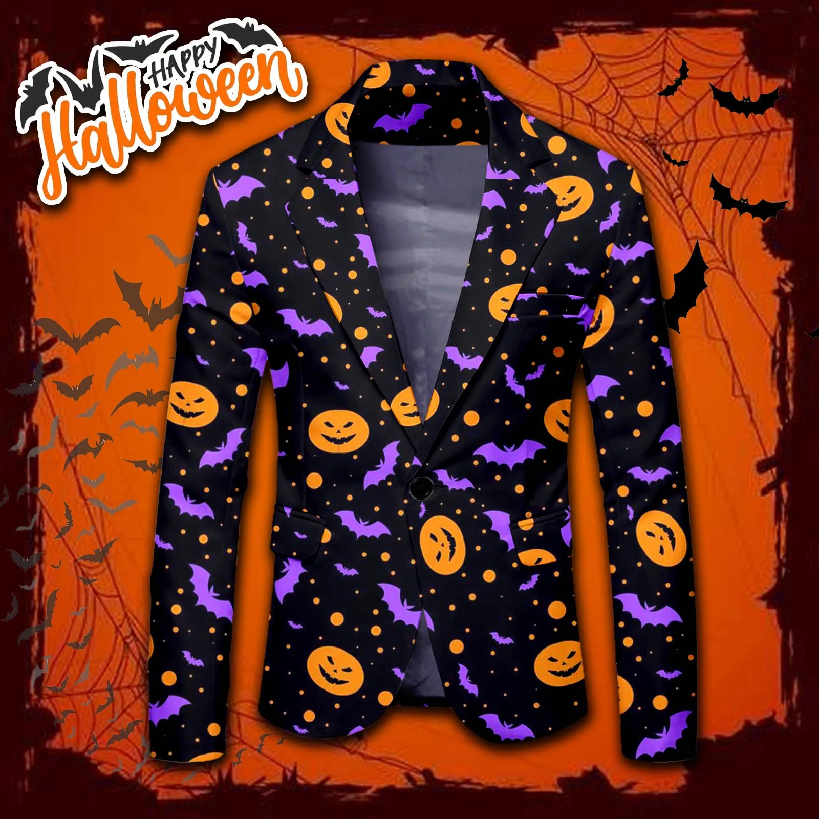 Halloween Theme Pumpkin Print One Button Suit Autumn Long Sleeved Cosplay Jacket Casaul Lapel Neck Pocket Blazer for Men