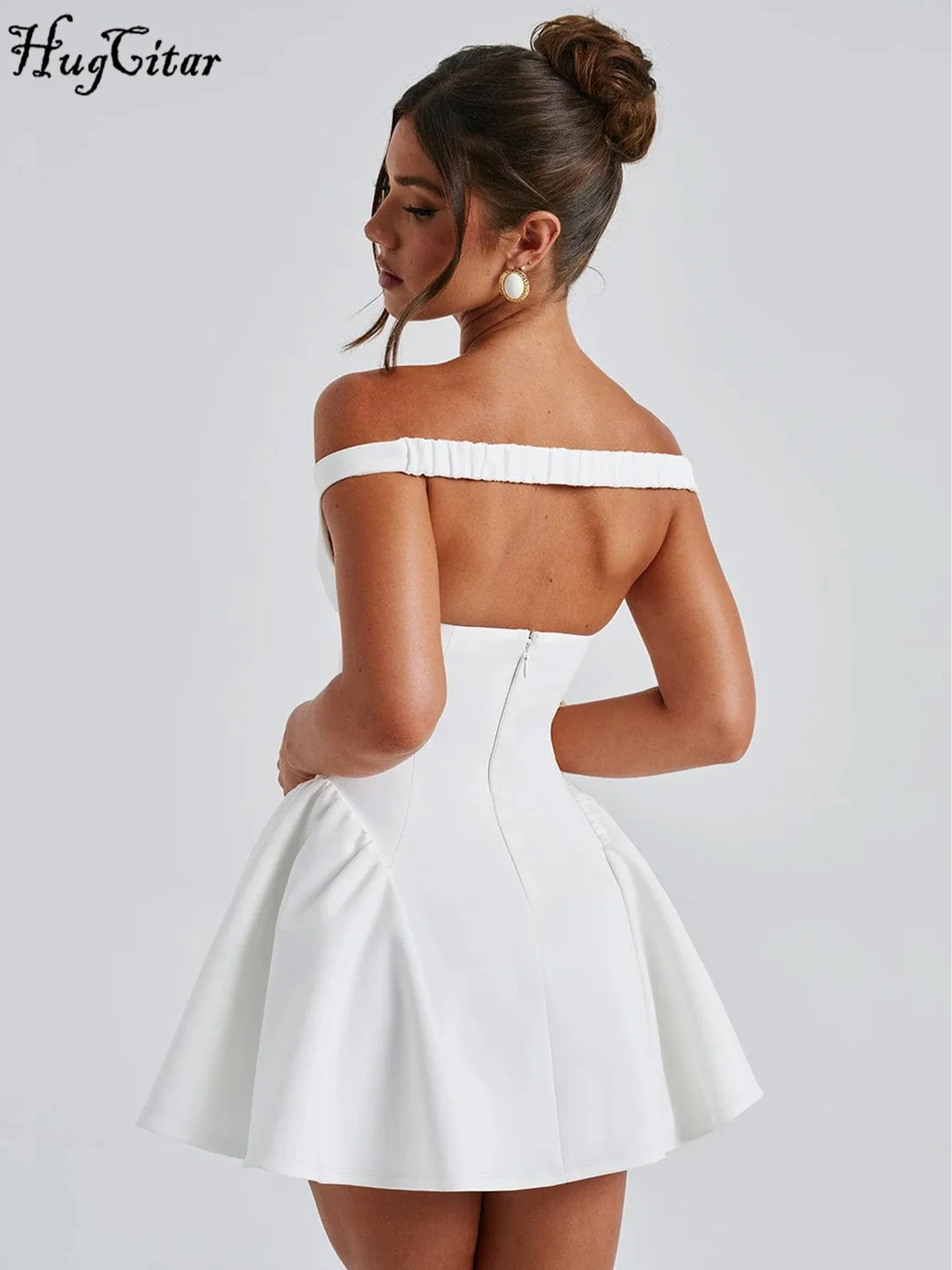 Hugcitar أنيقة الصلبة مائل الرقبة أكمام زلة ثنيات مثير Bodycon فستان حفلة موسيقية صغيرة النساء ملابس لطيف مهرجان الحفلات المسائية