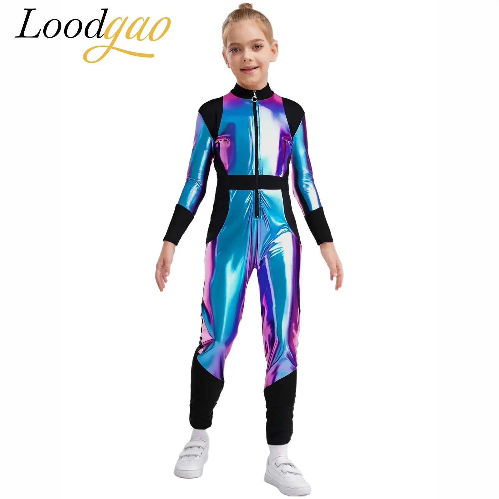 

2025 Halloween Galaxy Astronaut Robot Theme Party Outfit Carnival Alien Costume Shiny Metallic Long Silver Jumpsuit Fancy Dress
