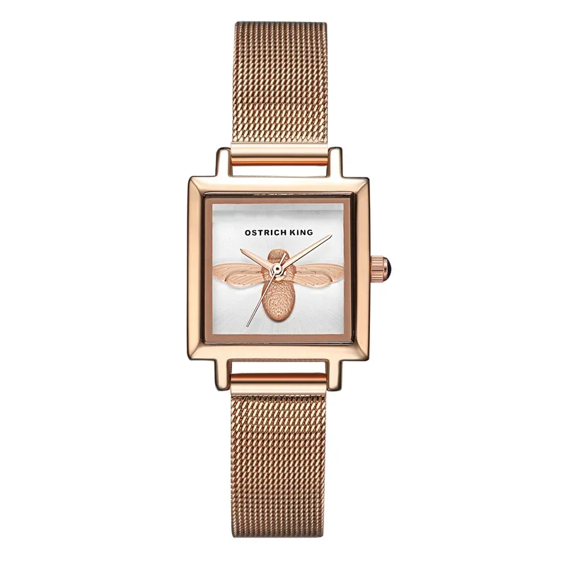 Quartzo de aço inoxidável feminino relógio de pulso, Hard Wire Mesh Strap Band, Bee Dial, marca de moda, 3D