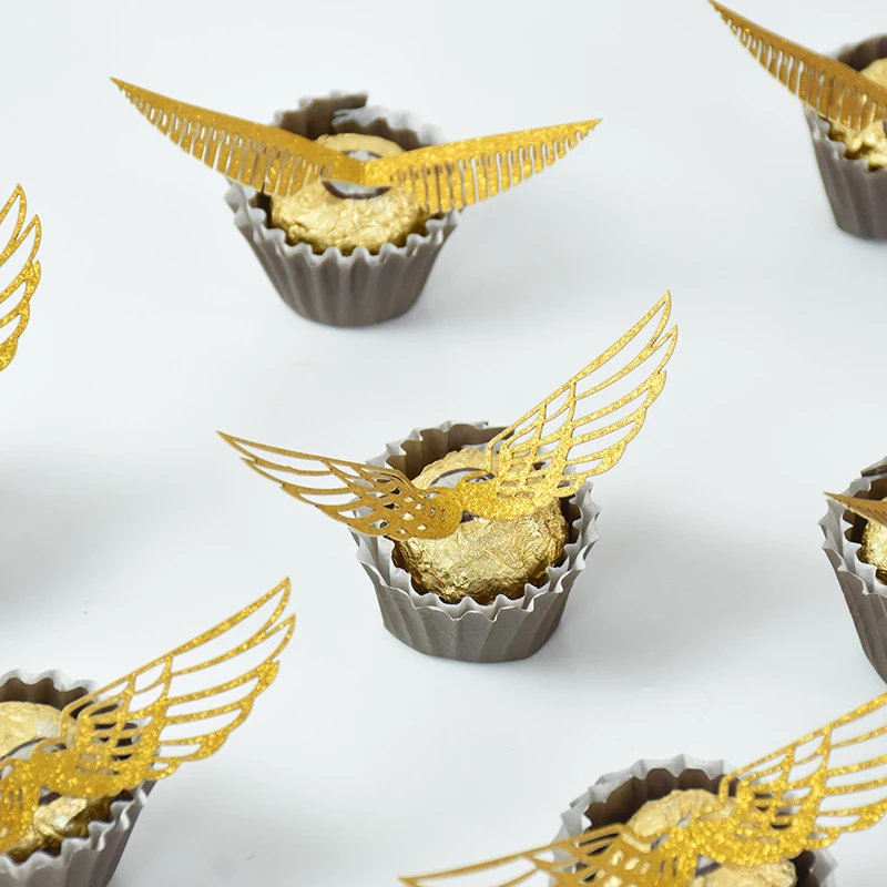 50pcs Hollow Out Wings Chocolate Candy Cake Party Gold Decoration Golden Wing Cupcake Toppers Snitch Wedding Decoration Supplies