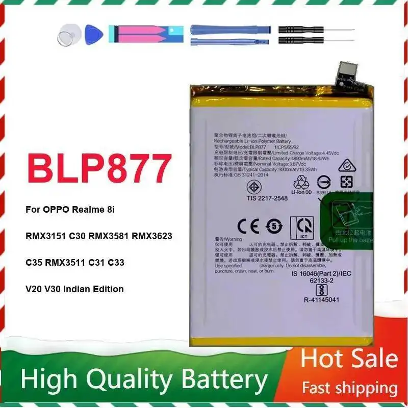 Mobile Phone Battery BLP877 5000Mah For Oppo Realme 8I RMX3151 C30 RMX3581 RMX3623 C35 RMX3511 C31 C33 V20 V30 Indian Edition