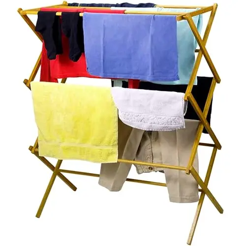 

Sturdy Pre-Assembled Collapsible Wooden Laundry Drying Rack With Multi-Tier Folding Design For Towels And Garments