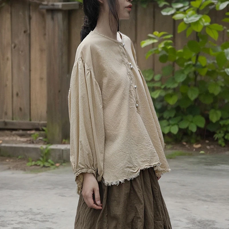 

Women Long Sleeve Cotton Linen Shirt New 2025 Spring Vintage Style O-neck Plain Color Loose Female Casual Tops Shirts M1484