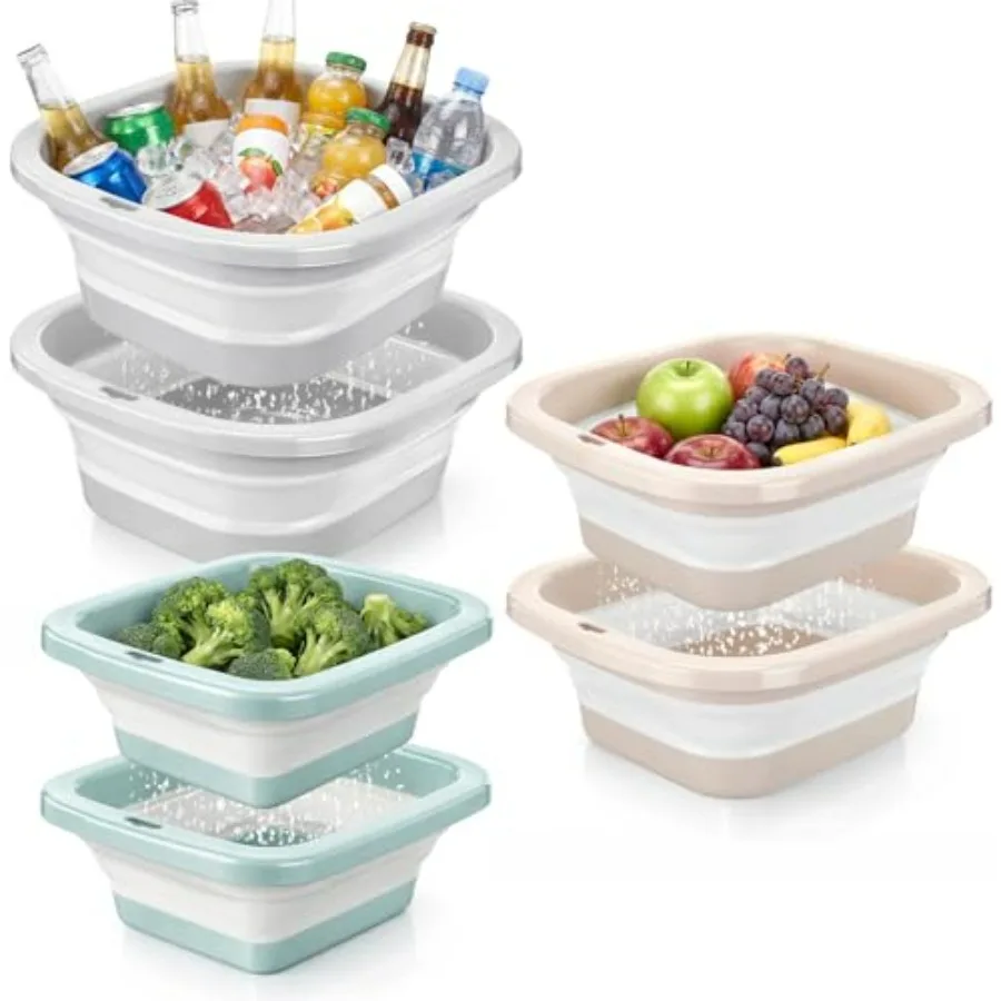 

3 Set Collapsible Colander and Sink Basin 2-4-8 Qt Dish Pan and Strainer Set with Drain Holes 2-in-1 Foldable Fruit Vegetable W