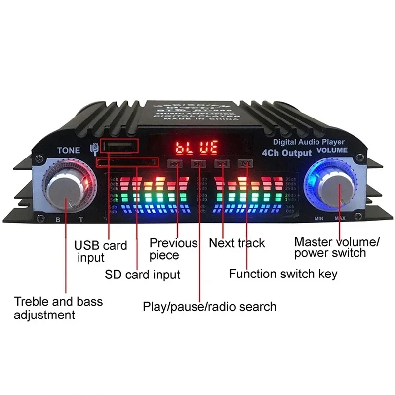 1600W Peak Power HiFi Sound Amplifier Digital 4 Channel Audio Amplifier Bluetooth Karaoke Player FM Radio Support Remote Control