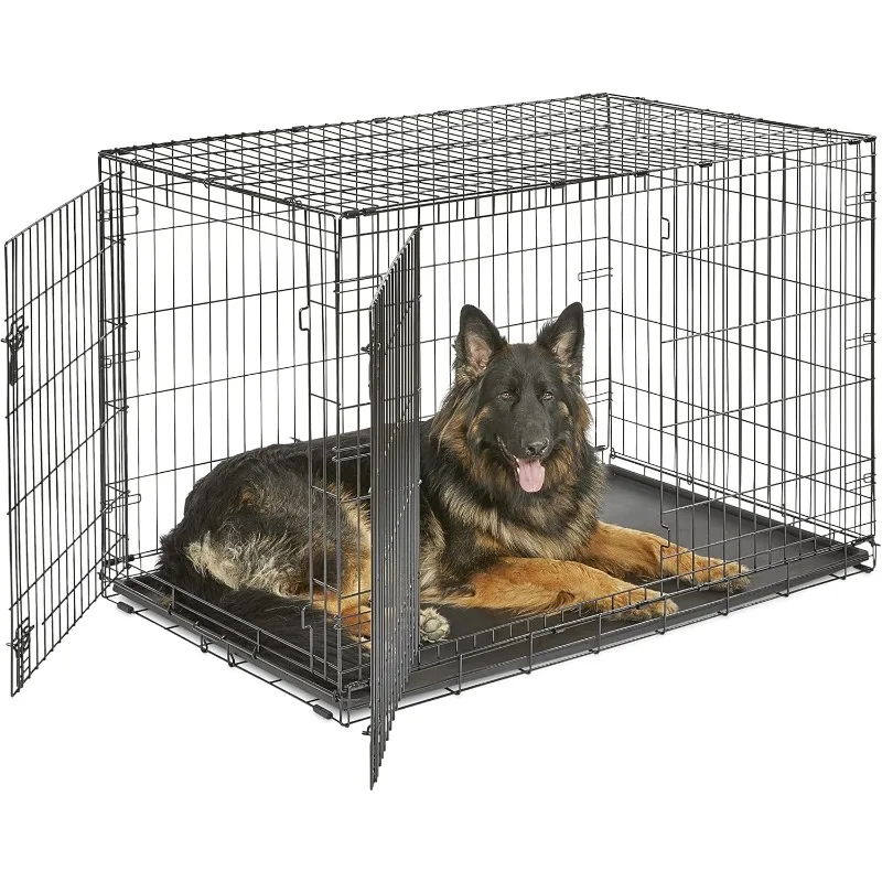 

New upgraded double door dog crate, including leak-proof tray, floor protection feet and new patented features, 48-inch