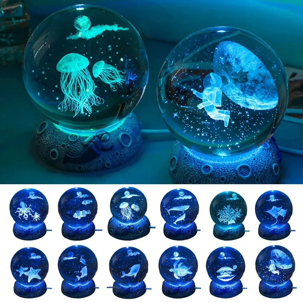 Crystal Ball Night Lights Glowing Sea Jellyfish Astronaut Table Lamp USB Atmosphere Lamp Table Decorations Kid Gifts Night Lamp