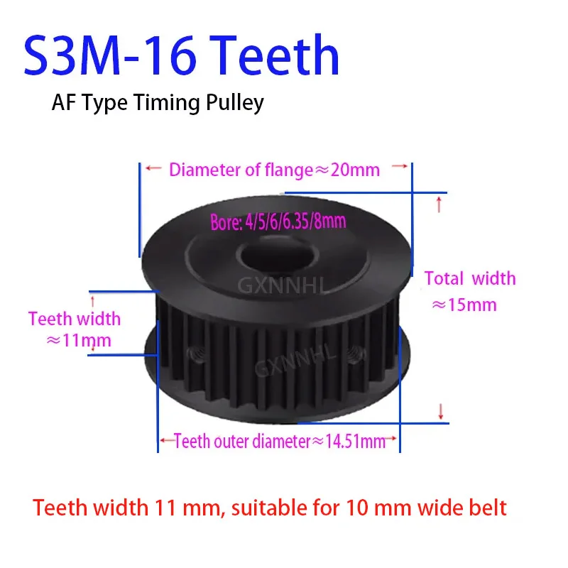 

Timing Pulley S3M16 teeth steel blackened AF groove width 11 inner hole 4/5/6/8mm synchronous pulley 45 # steel S3M pulley