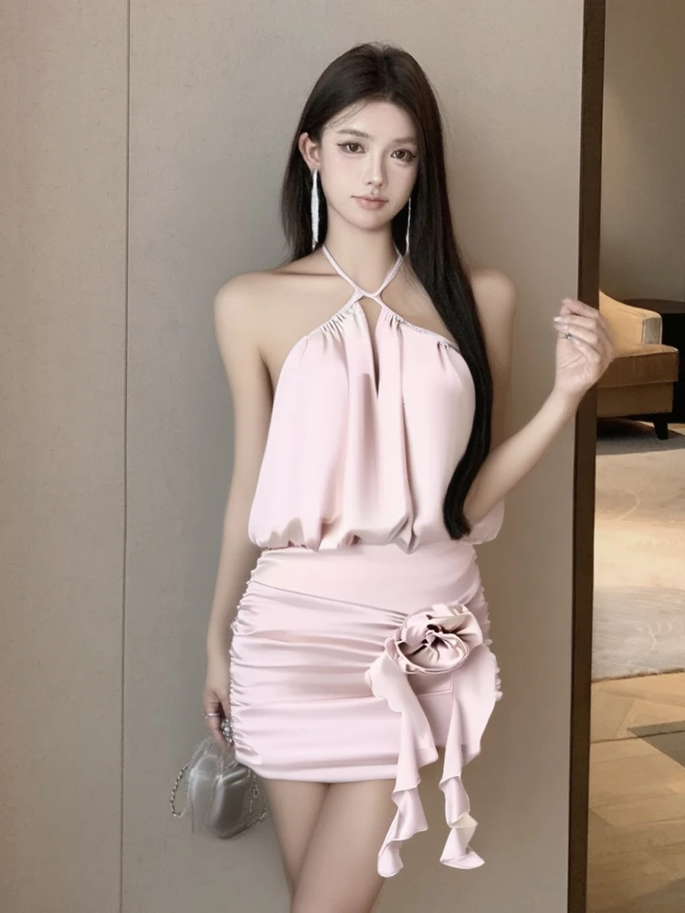 

Sexy Pure Desire oulder Bared Ne Hanging Strapl Dr Floral Satin Wrap around Skirt No Sve Hing Bodycon Su...