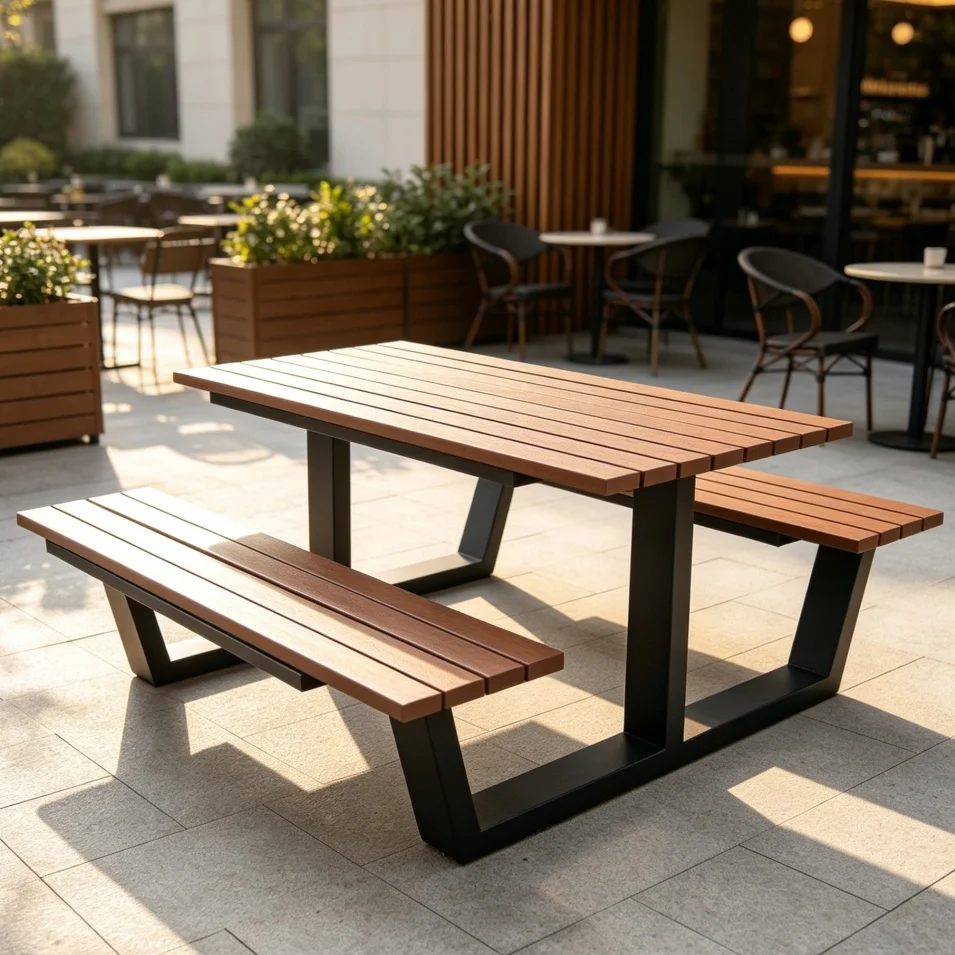 Commercial Wooden Picnic Table Bench Set Outdoor Slatted Geometric Steel Frame Garden Park Patio Dining Furniture