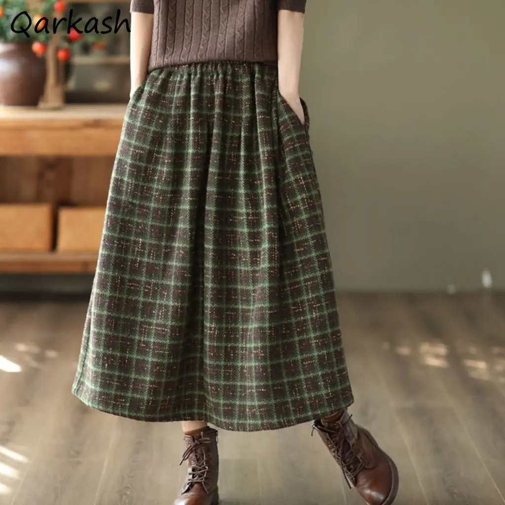 Vintage Plaid Midi Röcke Frauen Baggy Neue Hohe Taille A-line Dicker Französisch Stil Taschen Mujer Ulzzang Böden Mode Elegante