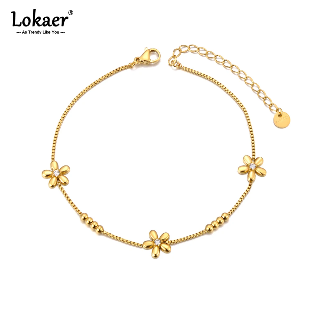 Lokaer Stainless Steel Cubic Zirconia Flower Anklet Bracelet for Women 18K Gold Plated Chain Jewelry браслет на ногу A24015