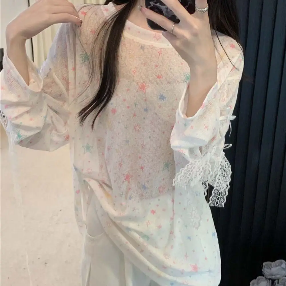 Transparent Long Sleeve T-shirt Bowknot Round Neck Lace Cover Up Tops Butterfly See Through T Shirts Women Y2k Female