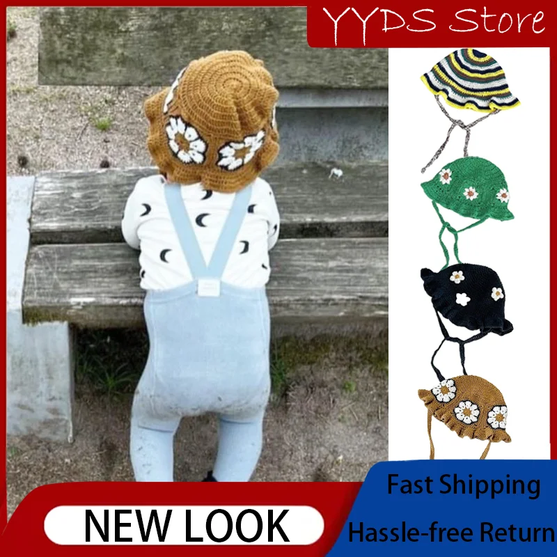 2023 New Arrival Handmade Kids Sun Hat with Egg Flower Stripe Design and Strap Baby Accessories Newborn