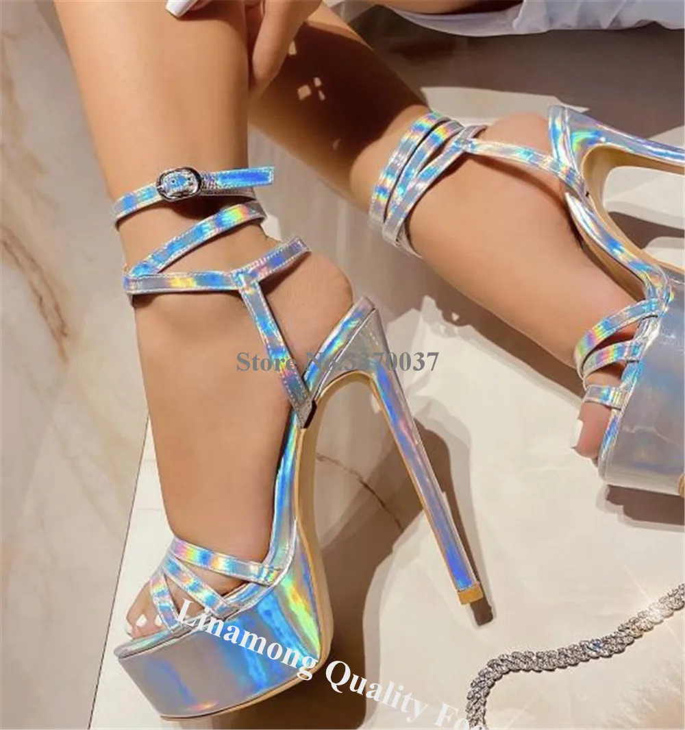 Linamong Shining Pink Gold Silver Thin Heel Sandals Patent Leather Straps Cross High Platform Dress Shoes Party Heels