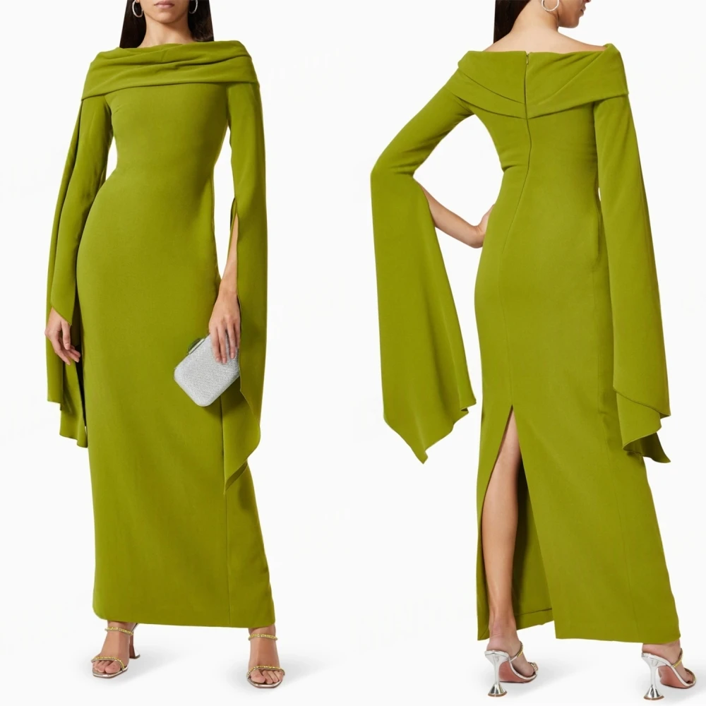 Customized Temperament Green Jersey Evening Dress Delicate Strapless Long Sleeves Cocktail Dress Classic Zipper Back Prom Dress