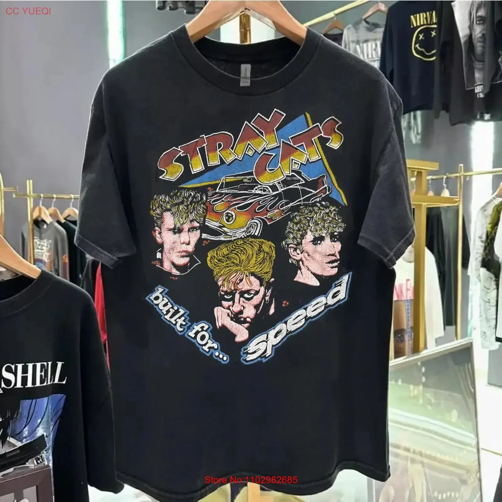 Camiseta preta da banda Stray Cats Rock Band dos anos 90, modelo Built For Speed, estilo retrô, NH25826, vintage, com estampa lavada, ligeiramente estilosa e confortável.