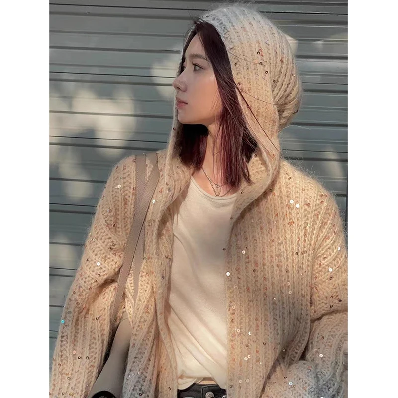 MEXZT Elegant Hooded Knitted Cardigan Women Sequin Sweater Coat Streetwear Oversized Knitwear Korean Loose All Match Jumper Tops