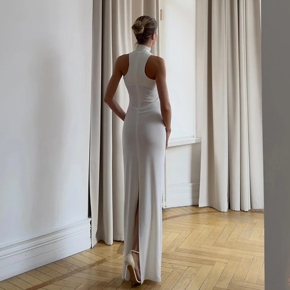 XIAOTANG Gold Ring Turtleneck Maxi Tank Dress Women Summer New Slim Fit Female Dress Sleeveless Back Split Bodycon Long Dress