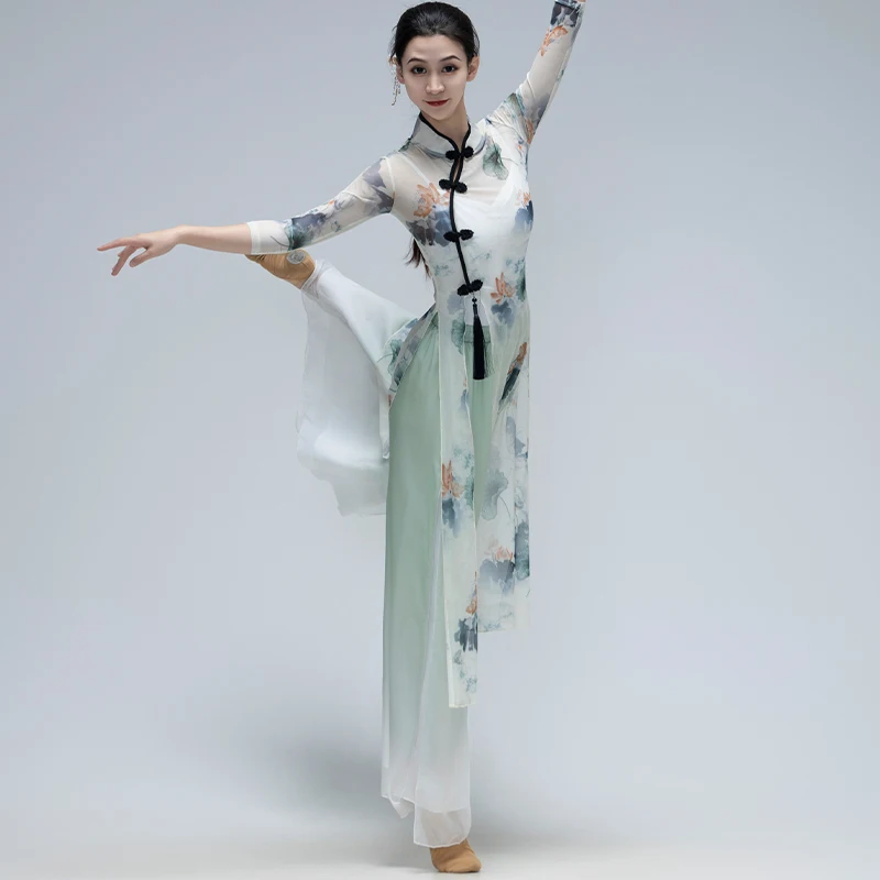 Traje de danza clásica para mujer, traje de práctica de danza china elástico elegante, traje de baile Cheongsam corporal