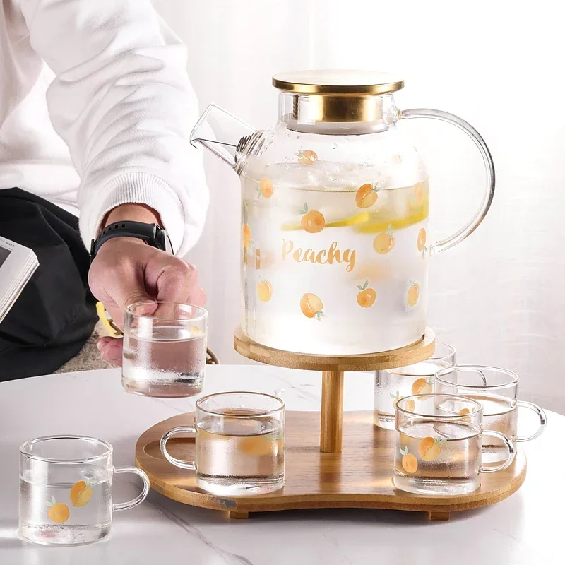 Glass Cold Kettle Set Transparent Cup Pot Seven Kits with Wooden Base Tray Teapot Heat Resistant Tea and