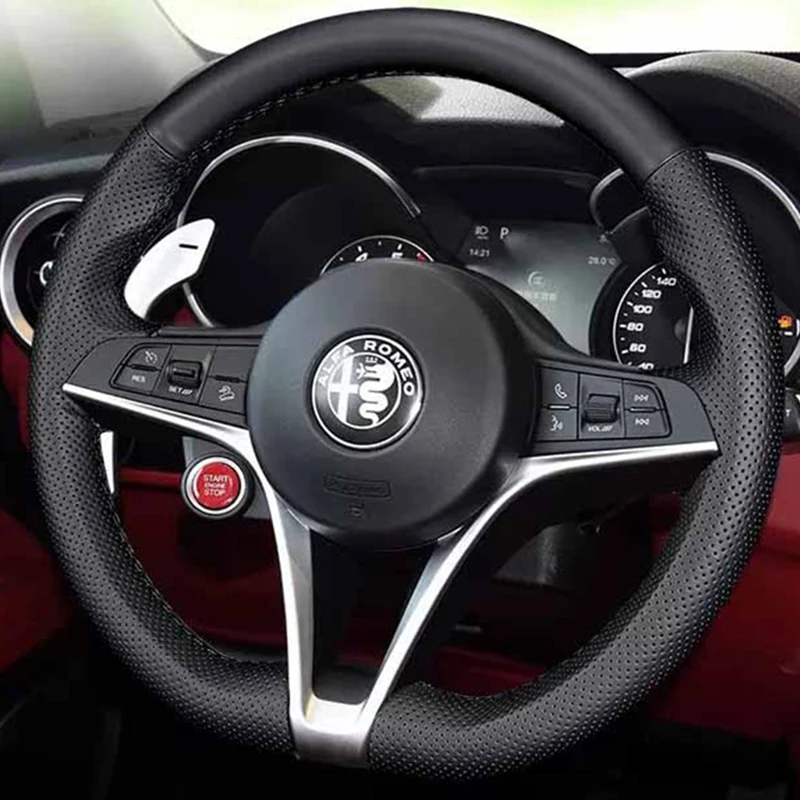

Car Sticker For Alfa Romeo Hand-stitched High-quality Non-slip Black Genuine Leather Car Steering Wheel Cover For Alfa Romeo Giu