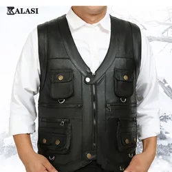 New gentlement leather vest male slim commercial male leather vest sheepskin leather men vest waistcoat with many pockets