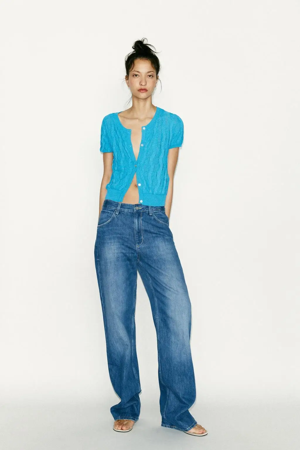 

YY26156 ZA25 summer new women's clothing simple and versatile texture jacquard round neck short sleeved knitted breasted jacket