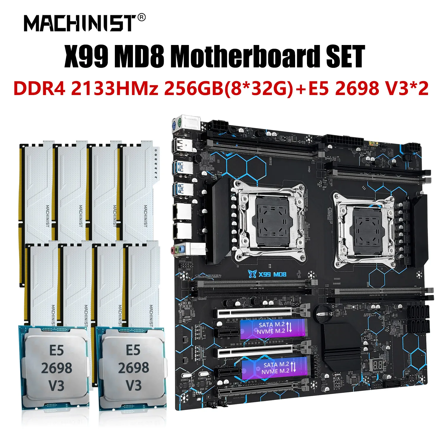 MACHINIST X99 Xeon Kit Motherboard Set LGA 2011-3 E5 2698 v3 Dual CPU Processor DDR4 ECC 8*32GB Memory M.2 NVME ssd E-ATX MD8