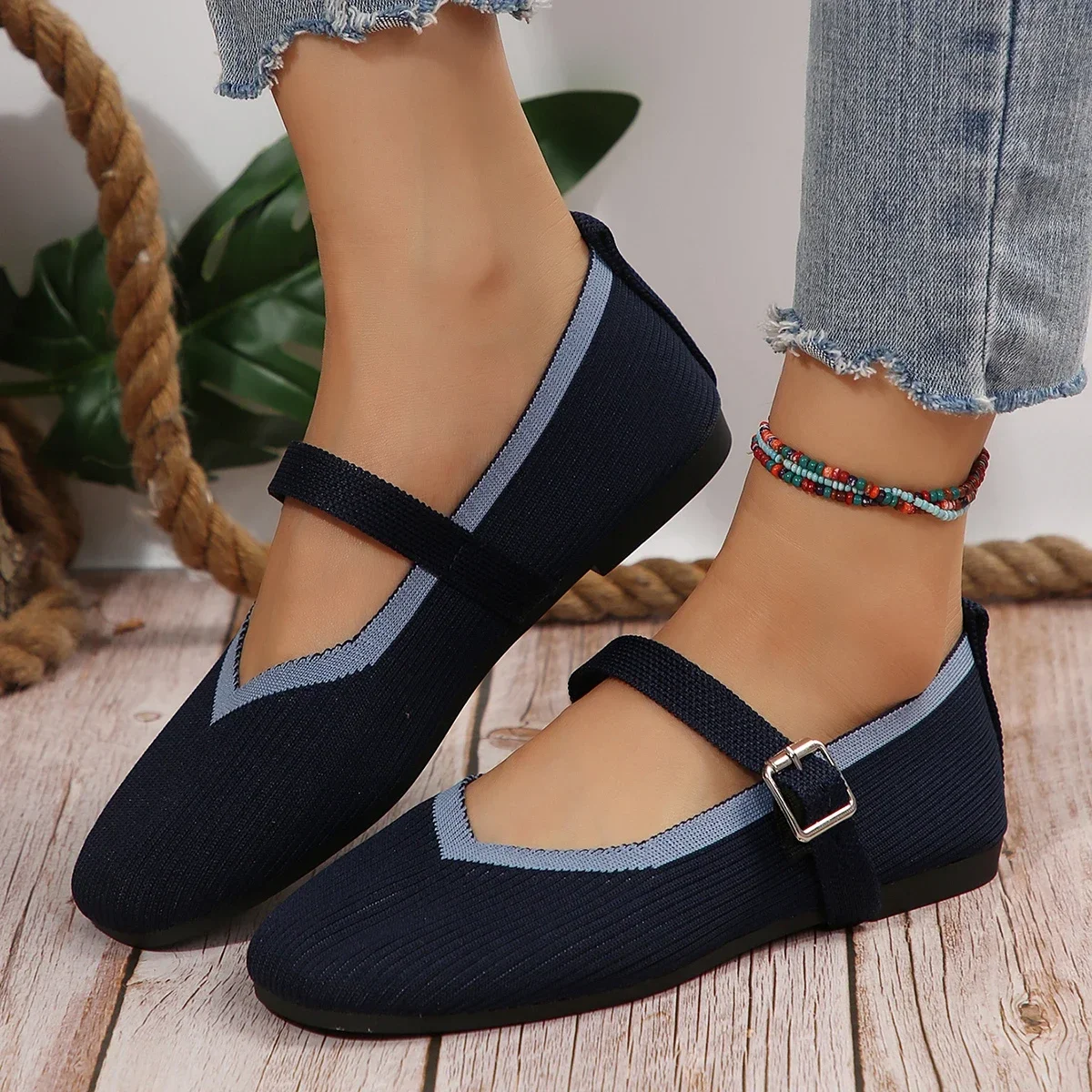 2024 Women\'s Shoes Loafers Ballet Flats Square Toe Barefoot Buckle Strap Casual Low Heel Luxury Brand Woman Shoe New Brown Blue