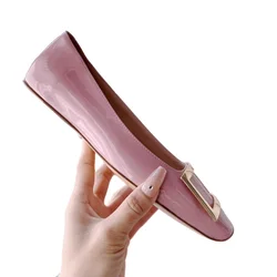 High Quality Fashionable Cowhide Metal Square Buckle Women's Shoes All Made of Genuine Leather Ballet Flats