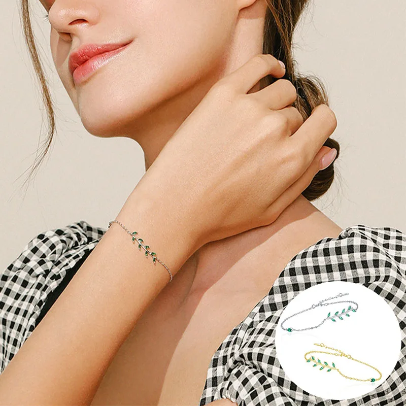 

100% 925 Sterling Silver Zircon Leaf Bracelet for Woman Girl Fashion Simple Geometric Design Jewelry Party Gift Dropshipping