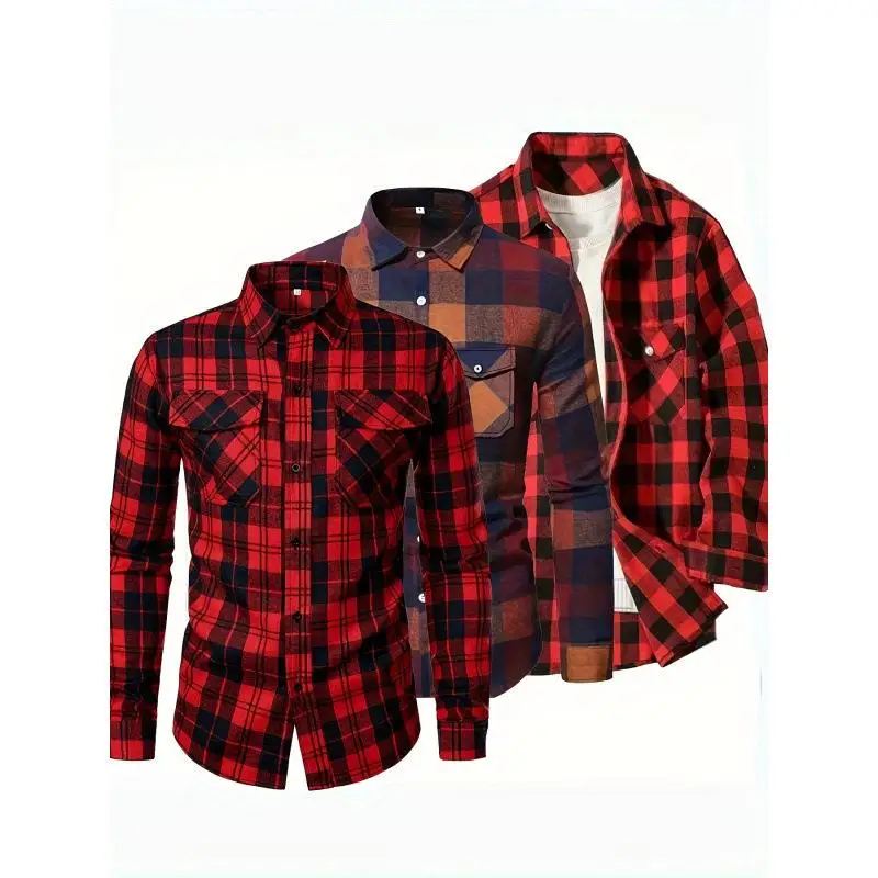Casual Plaid Men's Shirt Jacket CleanFit Cuban Collar PU Leather Fleece Lined Three-quarter Sleeve Summer Autumn Winter