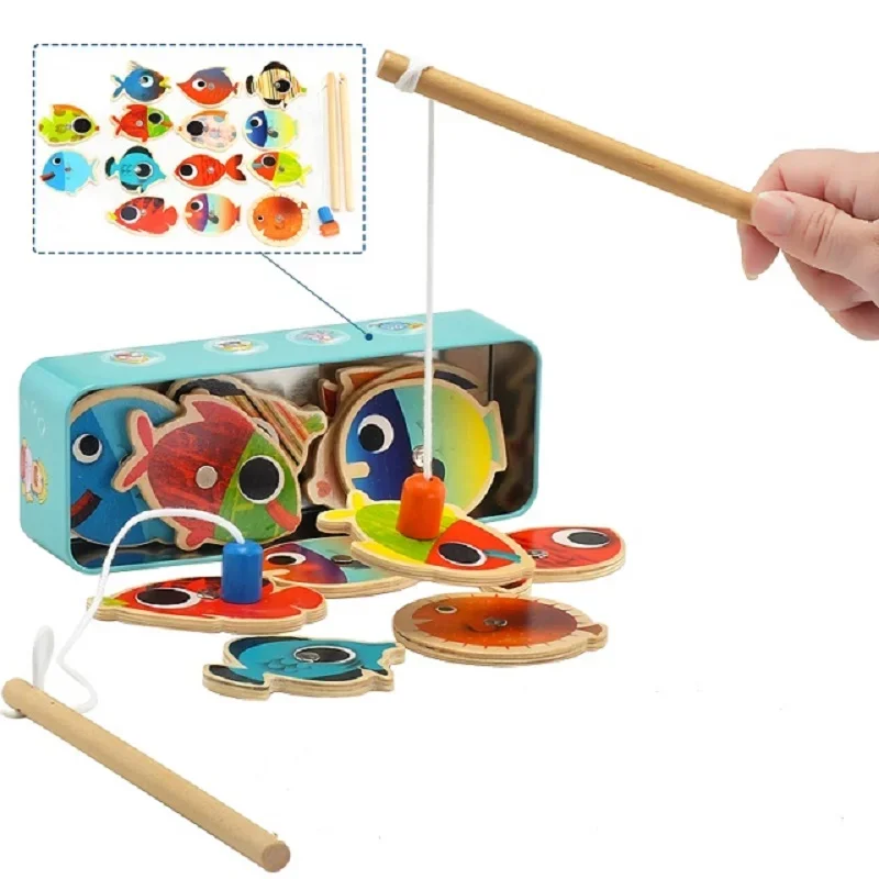 14 Fishes + 2 Fishing Rods Wooden Children Toys Fish Magnetic Pesca Play Game Tin Box Kids Educational Toy Boy girl