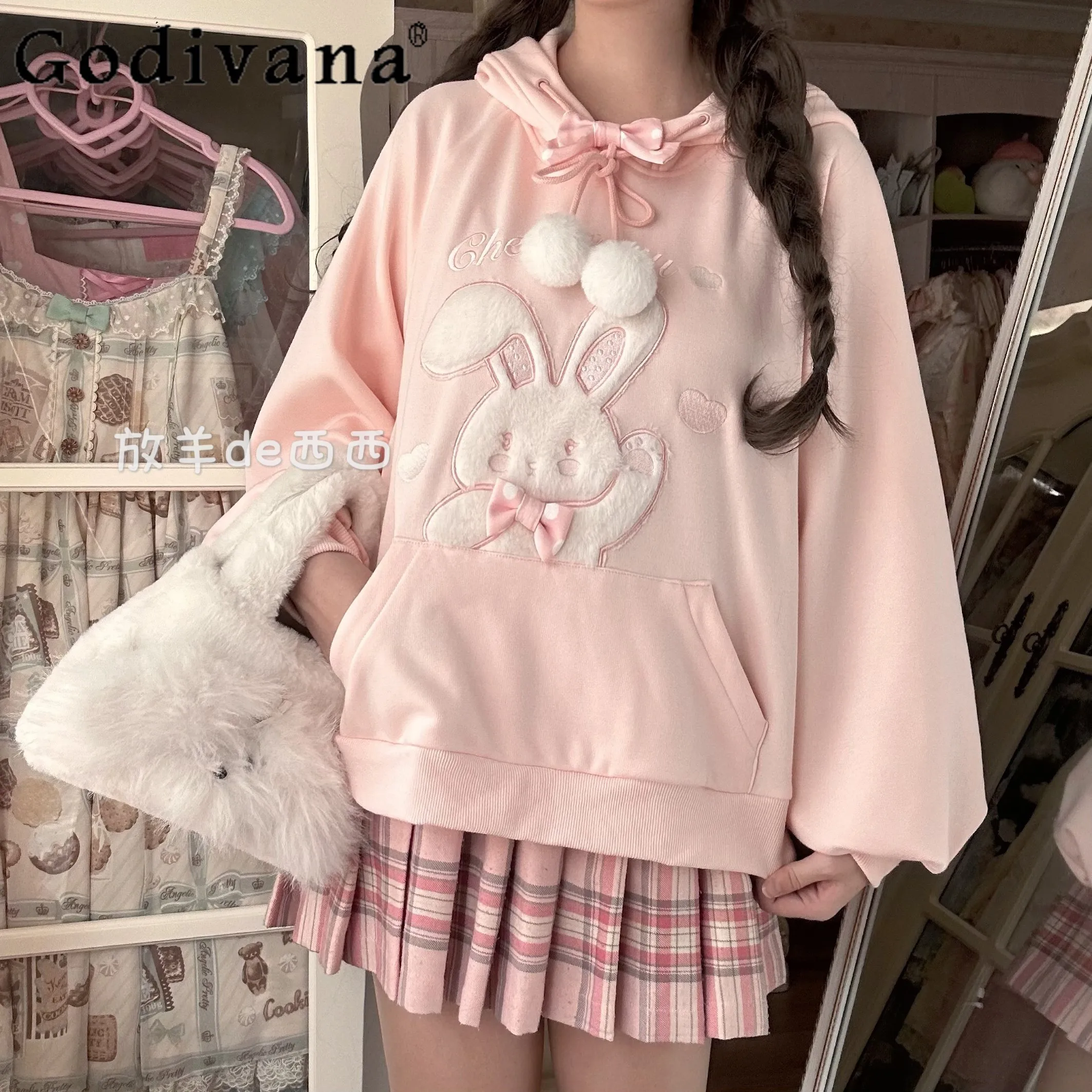 الأصلي الفتيات اليابانية الحلو الوردي هوديس الخريف الشتاء المرأة الجديدة فضفاضة ضئيلة الدافئة الصوف أرنب الأذن مقنعين البلوز البلوز