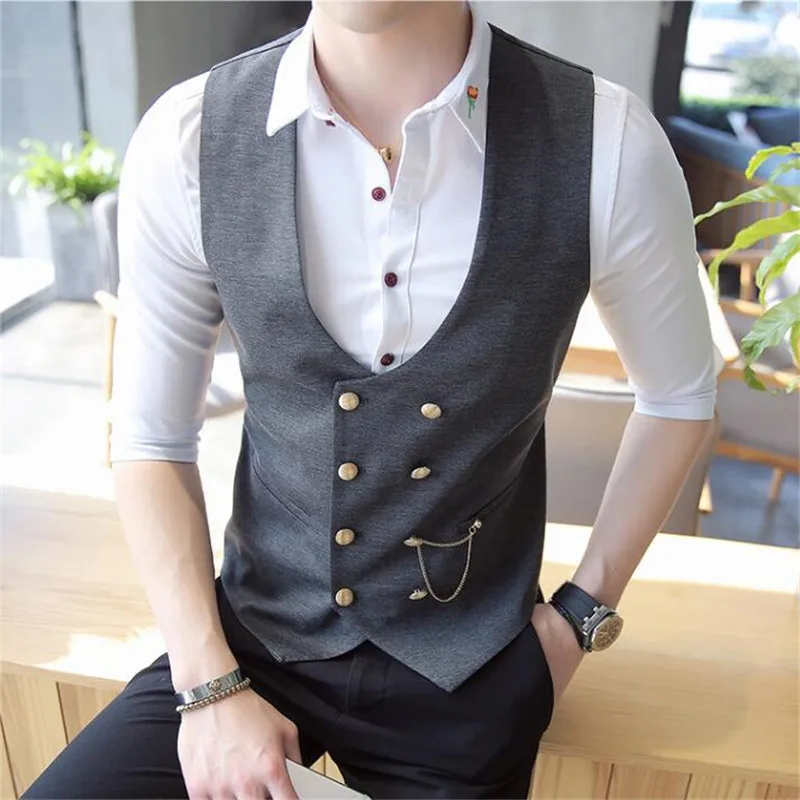 Men's Double Breasted Vest Spring 2024 New Slim Sleeveless Formal Suit Vest Gray Black Fashion Men's Business Casual Suit Vest