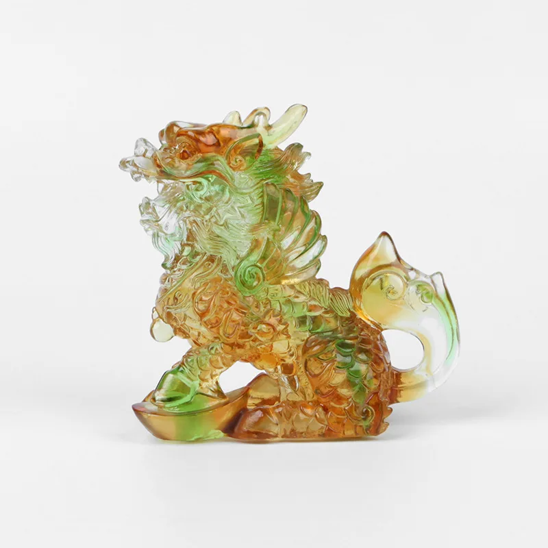 Yuanbao Kirin-A type, ancient glass ornament, a pair of Ruyi Kirin ornament, glass handicraft ornament