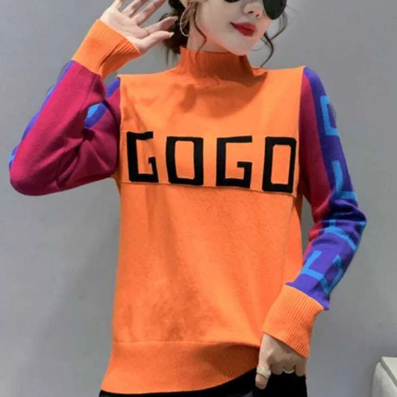 Camisola de manga comprida feminina, meia gola alta, moda contrastante, tendência versátil, estilo casual, outono e inverno, novo, 2023