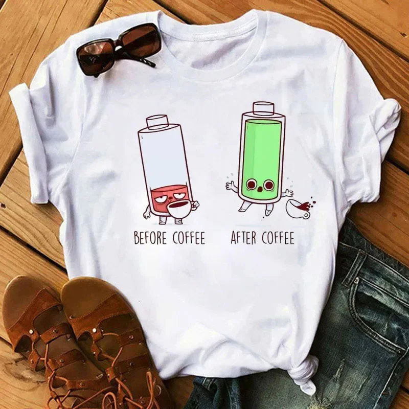 Women T Shirt AM COFFEE PM WINE Print Tops Short Sleeve Shirt O Neck Loose Women T-shirt Ladies Tee Camisetas Mujer Clothes