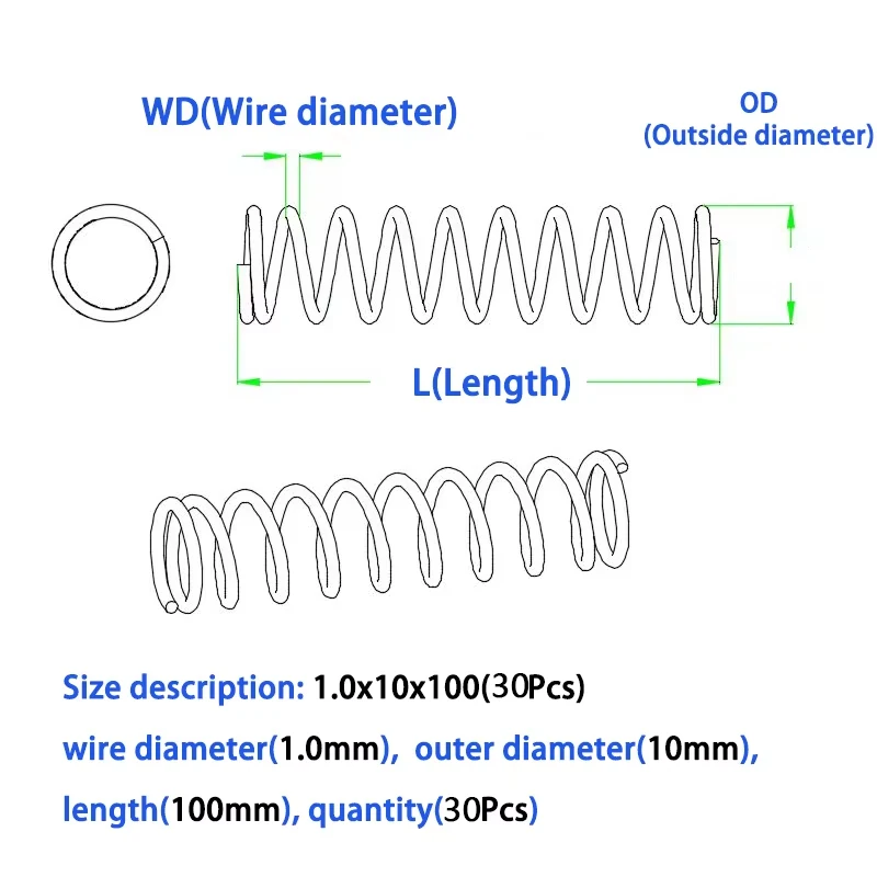 30Pcs Wire Diameter 0.4mm 0.5mm 304 Stainless Steel Micro Small Compression Spring OD 3mm/4mm/5mm/6mm/7mm/8mm/9mm/10mm L：5-50mm