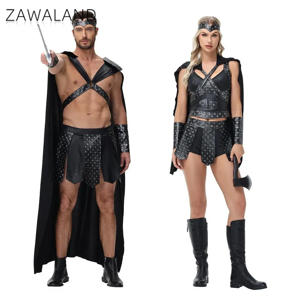 

Couple Roman Warrior Costume Set Men's Spartan Outfit with Cape Women's Gladiator Dress Halloween Carnival Party Cosplay Outfits