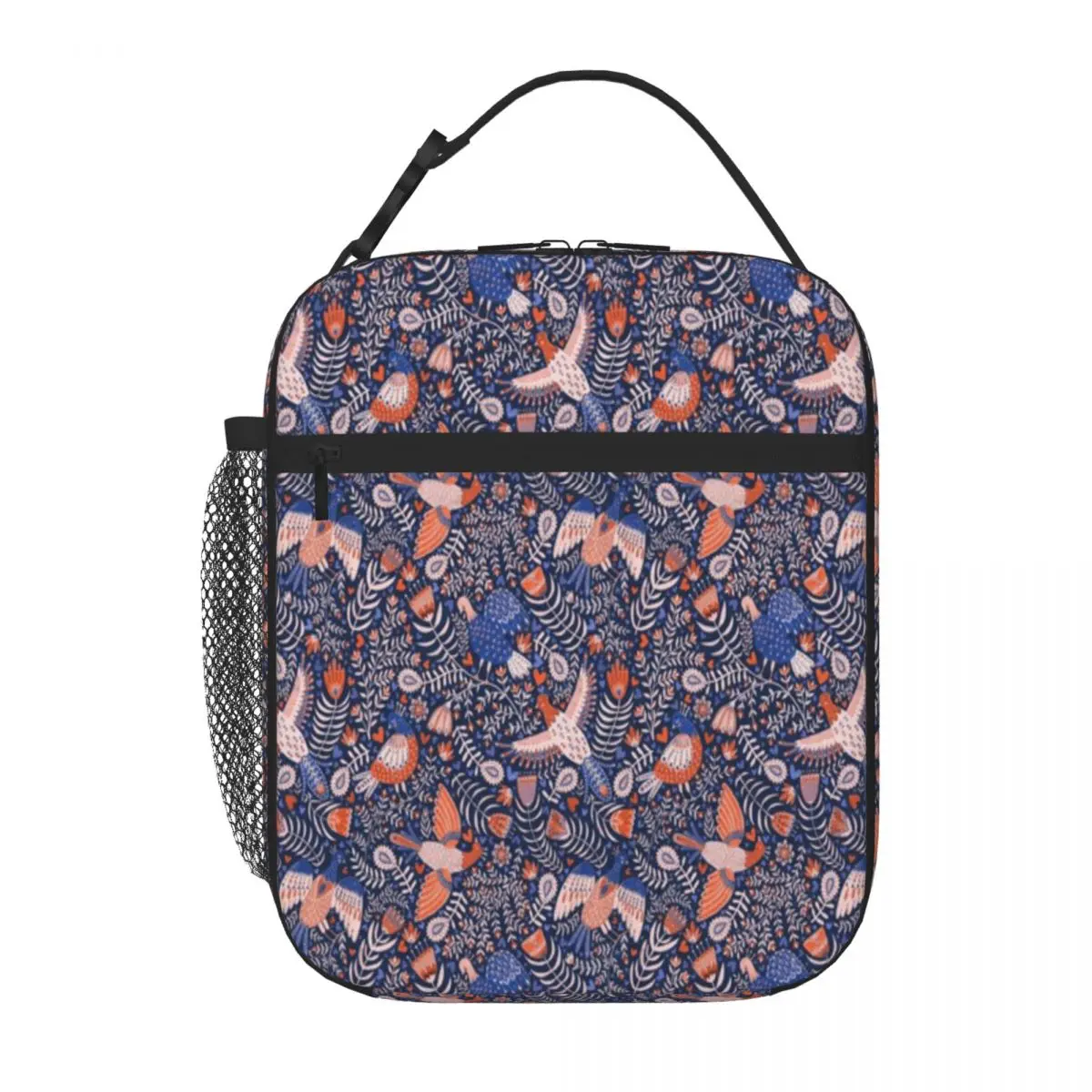 Hot Sale Swedish Folk Art Birds On Dark Blue Outdoor Rugged Lunch Handbag Pet Snack Carry Shoulder Lunch Bag