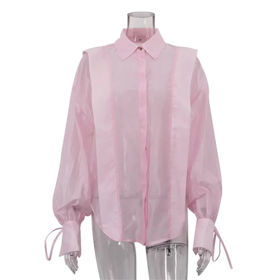 ファッションホワイトコットンシャツ女性2025夏シースルーカジュアルラペル長袖ブラウスレースアップルーズトップ女性服