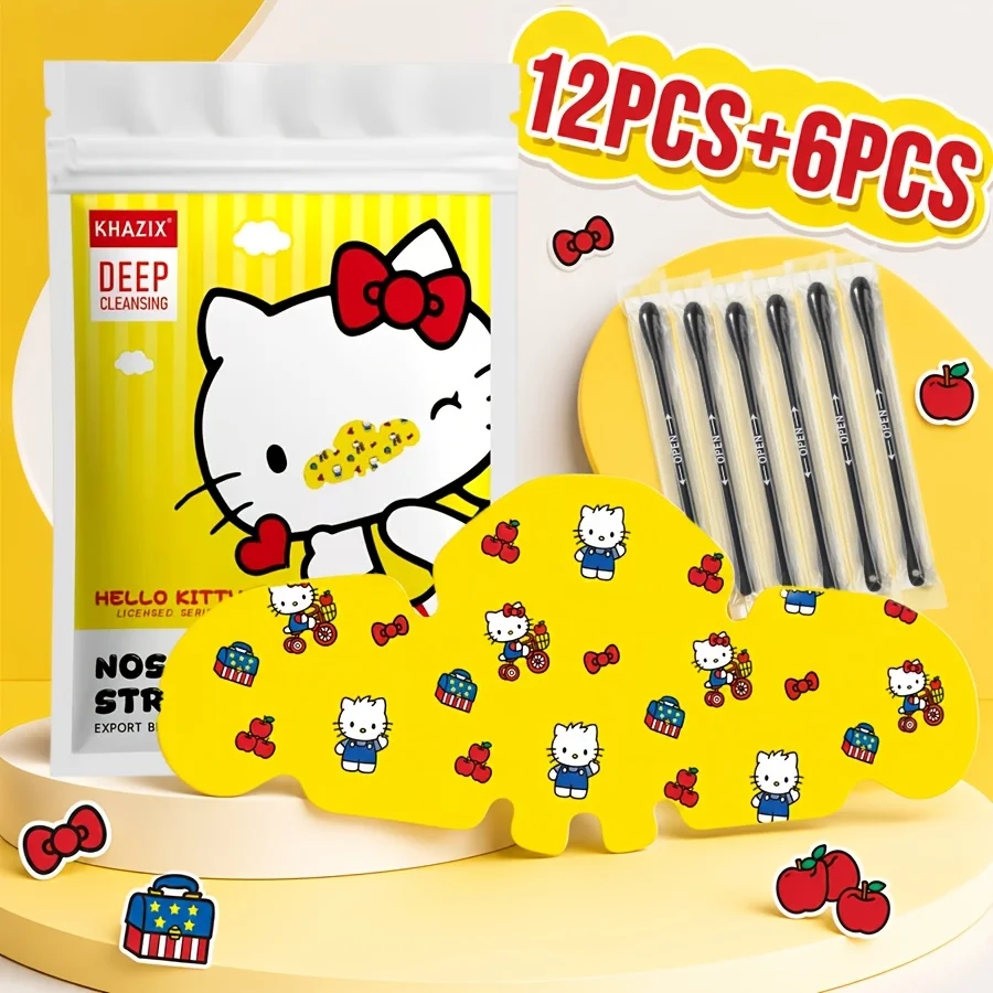12 parches nasales amarillos de Hello Kitty para la eliminación de impurezas y limpieza de poros, pueden desobstruir los poros y restaurar la suavidad de la piel nasal.
