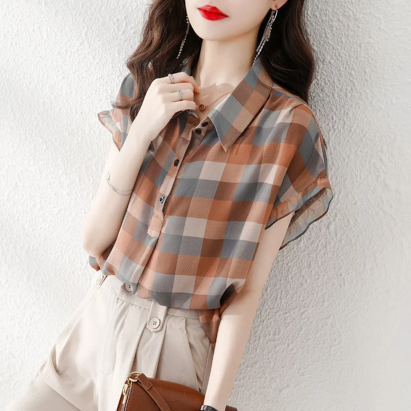 Short Sleeve Chiffon Shirt for Women\'s Summer Thin New Polo Neck Loose Plaid Printing Sweet Blouse Fashion Elegant Clothing