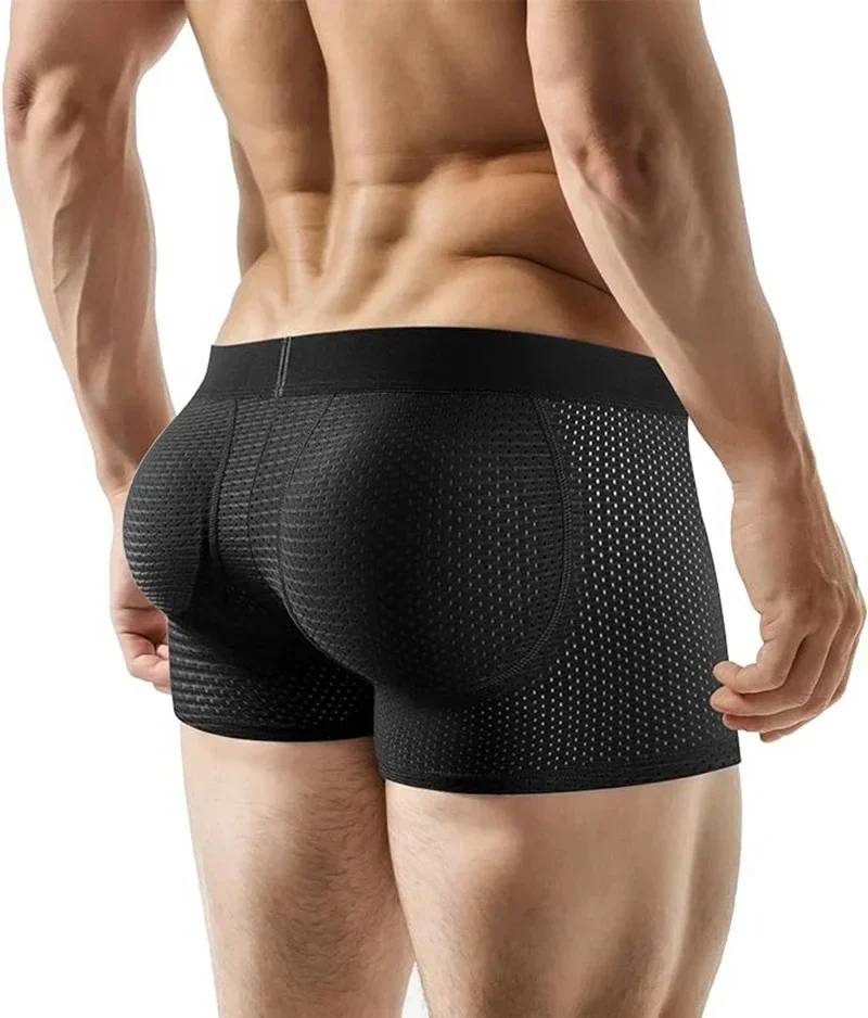 Men's Sexy Ice Mesh Breathable Butt Lift Boxer Briefs Underwear, Comfy Padded Underwear Boxer with Hip Pad Buttocks Boxer Trunk