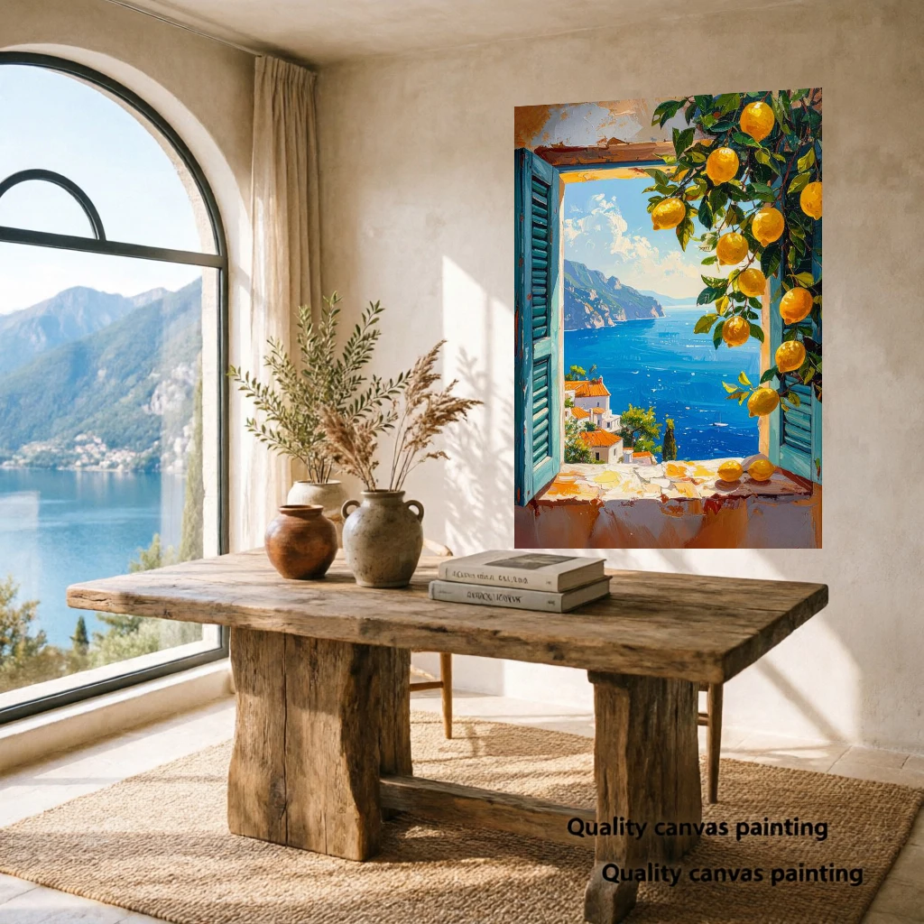 Lemon Window Seascape Painting, Italian Coastal Print Poster, Modern Home Living Room Decor, Canvas, Wall arts, No Frame