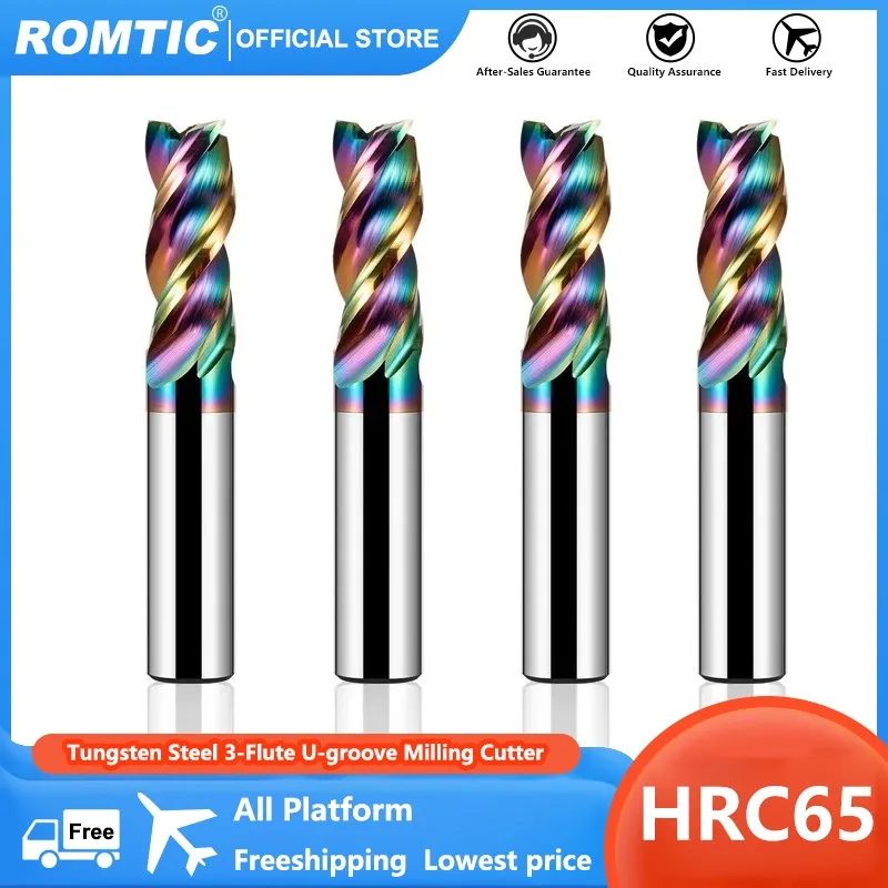 ROMTIC Tungsten Steel Carbide Colorful Coating 3-Flute U-groove End Mill For Aluminum HRC65 CNC Machinery Milling Cutter Tool